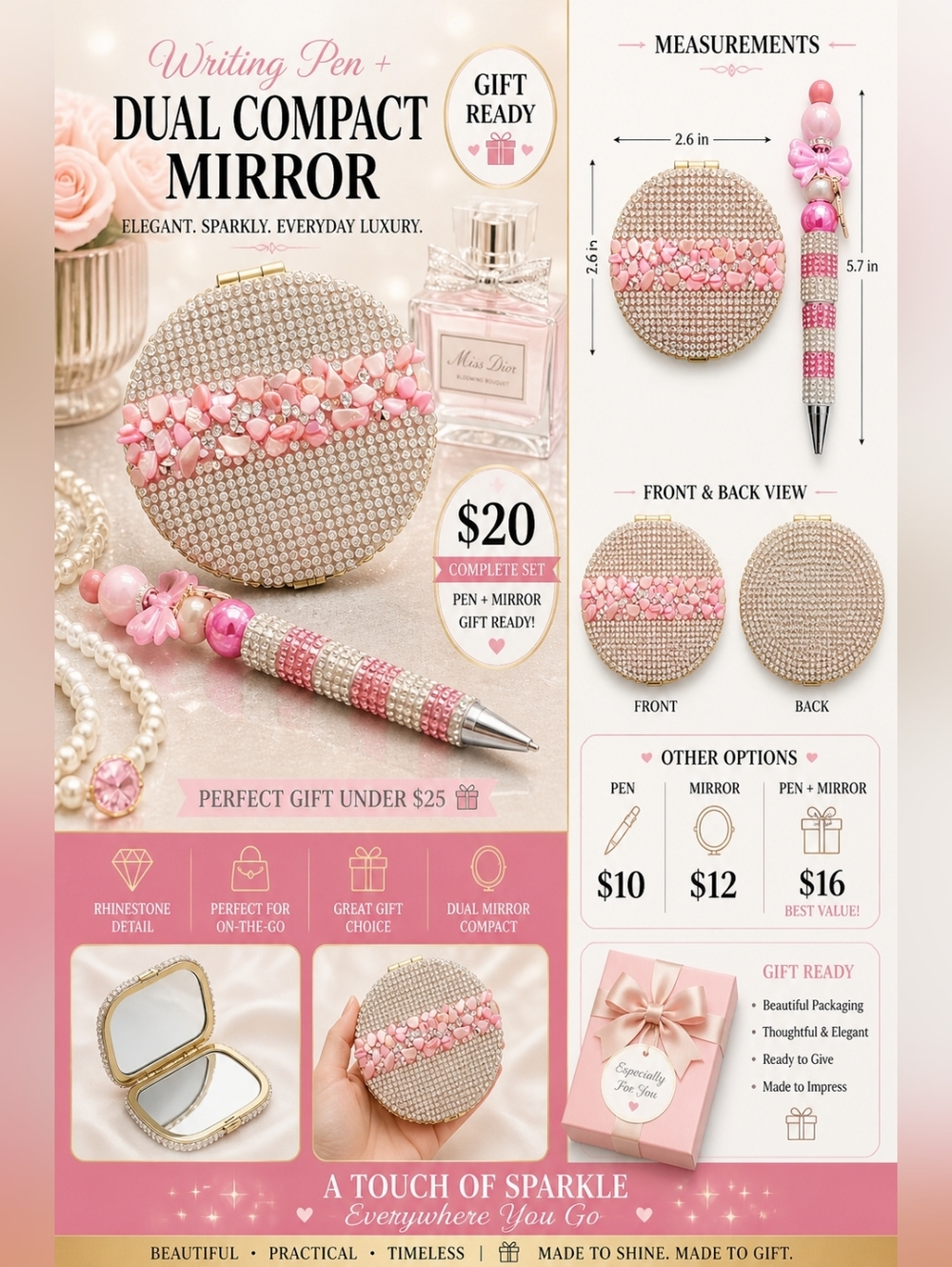 Jeweled Pen + Dual Mirror Compact Sparkly Rhinestone Gift Set Elegant Bling